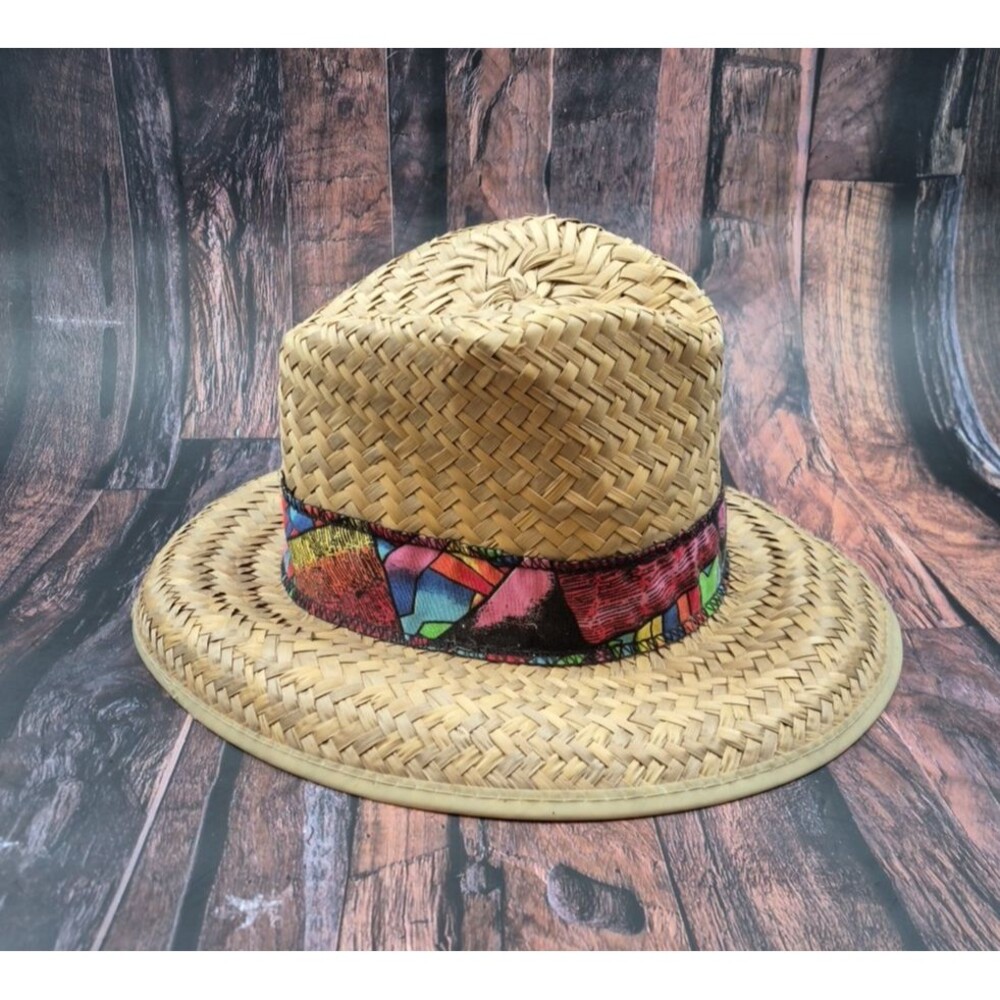 VTG Sun Hat Unisex Wide Brim w/ Abstract Multicolor Belt Made in Mexico 80s/ 90s - Picture 2 of 9